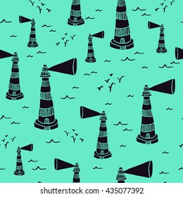 Seamless pattern with hand drawn lighthouse, waves and seagulls. Marine vector background

