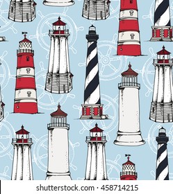 Seamless pattern with hand drawn lighthouses and ship wheels, vector illustration