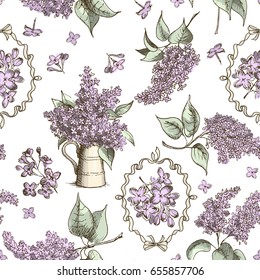 Seamless pattern with hand drawn lilac flowers in vintage style