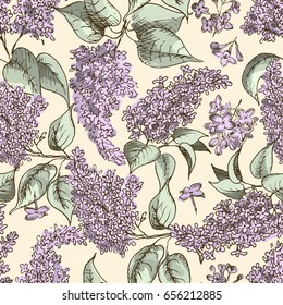 Seamless pattern with hand drawn lilac flowers in vintage style