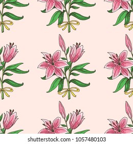 Seamless pattern with hand drawn lily bouquet. Beautiful pink flowers. Spring symbol.