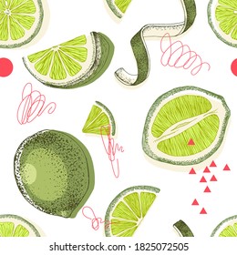 Seamless pattern with hand drawn lime halfs, skin and slices. Hand drawn vector illustration
