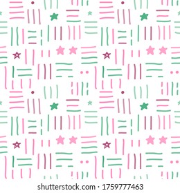 Seamless Pattern with Hand Drawn Line, Dot and Star Design on White Background