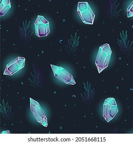 Seamless pattern with hand drawn line art blue crystals, with leaves, stars. Magical elements illustration. Vector, Isolated objects. Trendy texture for print, textile, packaging.