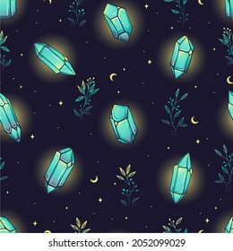 Seamless pattern with hand drawn line art blue crystals, with leaves, stars. Magical elements illustration. Vector, Isolated objects. Trendy texture for print, textile, packaging.
