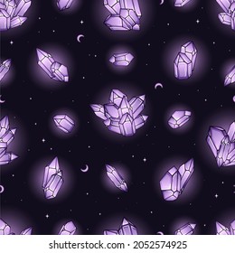 Seamless pattern with hand drawn line art purple crystals. Magical elements illustration. Vector, Isolated objects. Trendy texture for print, textile, packaging.
