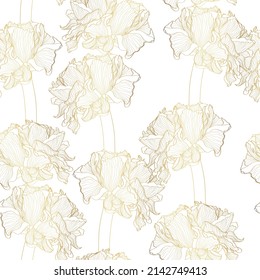 Seamless pattern with hand drawn line golden peony, ranunculus, wax flower. Floral pattern for wedding invitations, greeting cards, scrapbooking, print, gift wrap, manufacturing.