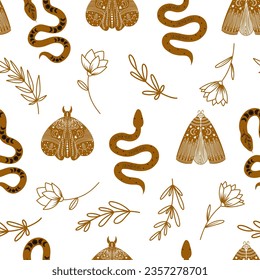 Seamless pattern of hand drawn line art mystical celestial moths, snakes and floral elements,  witchy esoteric vector background