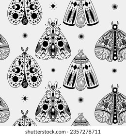 Seamless pattern of hand drawn line art mystical celestial moths, witchy esoteric vector background