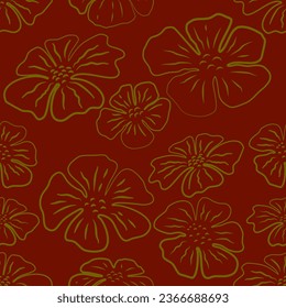 Seamless pattern with hand drawn line art gold flowers on red.