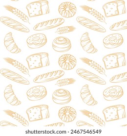 A seamless pattern of hand drawn line art depicting various delicious baked goods