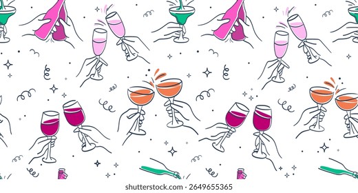 Padrão contínuo com arte de linha desenhada à mão de copos de vinho, champanhe, coquetéis, mãos de clinking, para projetos de celebração, convites de festa, cartões de Ano Novo, embalagem, fundos festivos. Vetor 