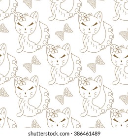 Seamless pattern of hand drawn line cats and butterflies. Decorative cat pendant background. Cute cat and openwork butterflies seamless texture. 
