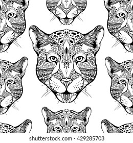 seamless pattern. Hand drawn line art of jaguar. For tattoo art, coloring books set.Tattoo Ethnic Doodles style.