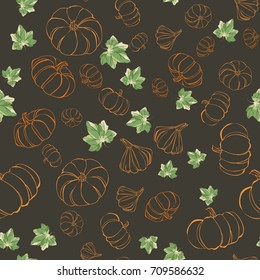 Seamless pattern with hand drawn line pumpkin and leaves