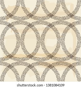 Seamless pattern of hand drawn linear hatching. Engraving. Old paper. Polka dot. Brown and beige. Vector illustration. Can be used for wallpaper, textile, invitation card, wrapping, web.