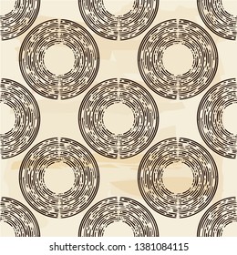 Seamless pattern of hand drawn linear hatching. Engraving. Old paper. Polka dot. Brown and beige. Vector illustration. Can be used for wallpaper, textile, invitation card, wrapping, web.