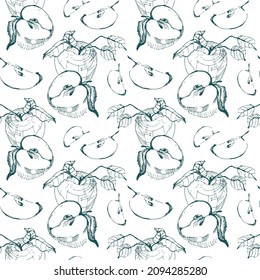 Seamless pattern with hand drawn linear apples. Hand drawn sketch of apples. Vector sketched apples background. Delicate background for textiles, wrapping paper, wallpaper.