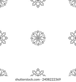 Seamless pattern with hand drawn linear classic floral rosettes on a white background