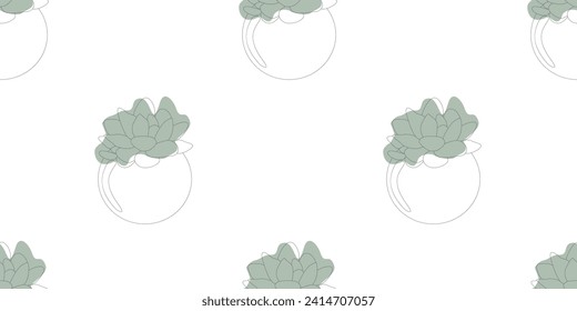 Seamless pattern of Hand drawn Linear Succulents in flower pots. Line Art outline Vector Flowers on white with Green spots. Design Botany Elements for Wrapper, Textile, Wallpaper, Boho Decoration.