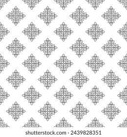 Seamless pattern with hand drawn linear classic floral rosettes on a white background