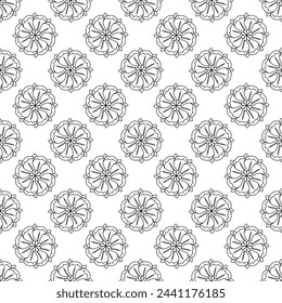 Seamless pattern with hand drawn linear classic floral rosettes on a white background