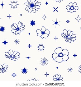 Seamless pattern with hand drawn linear flowers, geometric stars, retro futuristic sparkles, abstract forms. Vector blue outline decoration elements, y2k icons. Simple minimal trendy sketch surface