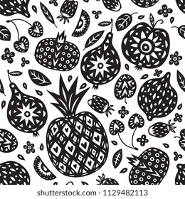 Seamless pattern - Hand drawn linocut style fruits and berries isolated on background. Unique creative design for packaging, textile, wrapping paper. 