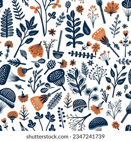 Seamless pattern with hand drawn linocut wild flowers, trees, leaves and mushrooms. Isolated on white background vector illustration