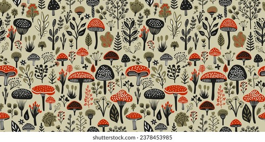 Seamless pattern with hand drawn linocut wild flowers, trees, leaves and mushrooms. Isolated on white background vector illustration