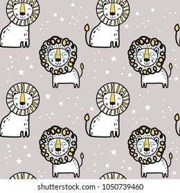 Seamless pattern with hand drawn lions.  Good for kids design, fabric, wrapping paper.