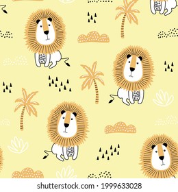 Seamless pattern with hand drawn lions. Creative modern texture for fabric, wrapping, textile, wallpaper, apparel. Vector illustration