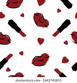 Patrón sin costuras con labios dibujados a mano y labiales en rojo y negro sobre fondo blanco. Patrón de lápiz labial y corazones.