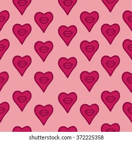 Seamless pattern with hand drawn lips and hearts. Bright pink bold print for valentines day or wedding invitation card background, wrapping paper and design 