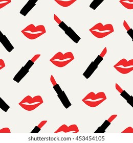 Seamless pattern with hand drawn lips and lipsticks in red and black on cream background.