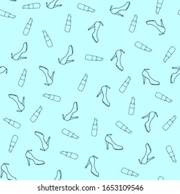Seamless pattern with hand drawn lipstick and shoes. Decorative doodle element for fabric and wrapping paper. Set beauty makeup for cute girls. Vector illustration isolated on a blue background.
