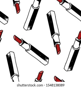 Seamless pattern of hand drawn lipsticks, accesories, cosmetics