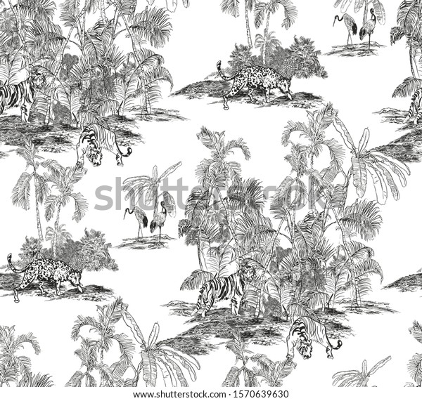 シームレスな柄の手描きのリソグラフィーエッチングイラスト熱帯ジャングルの森の野生動物虎 ヤシの木の熱帯のヒョウの動物白い背景に壁紙古い図面 のベクター画像素材 ロイヤリティフリー