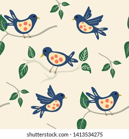 seamless pattern of hand drawn little bird and green leaf
