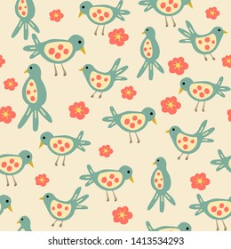 seamless pattern of hand drawn little bird and flowers
