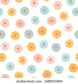 Seamless pattern with hand drawn little flowers in flat style. Cute scandinavian background for design, fabric or wrapping paper in pastel color. Floral vector illustration