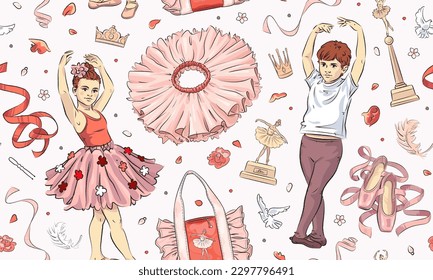 Seamless pattern with hand drawn little ballerinas and ballet school elements. Vector illustration