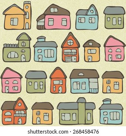 Seamless pattern with hand drawn living houses, vector illustration