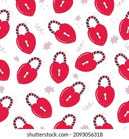 Seamless pattern with hand drawn lock in the shape of a heart  on a white background. Doodle, simple flat illustration. It can be used for decoration of textile, paper.
