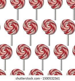 Seamless pattern with hand drawn lollipops on a white background.