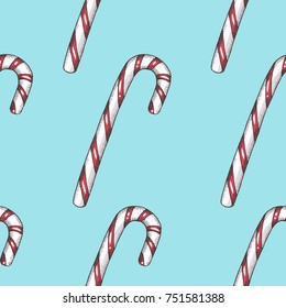Seamless pattern with hand drawn lollipops. Sweet Christmas background. Food design Merry Christmas and Happy New Year. Vintage pattern can be used for wallpaper, web page background, surface textures