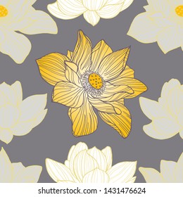 Seamless pattern with hand drawn lotus flowers. Floral background, design for web, wrapping paper, textile, fabric.