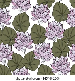 Seamless pattern with hand drawn lotus with leaves vector illustration