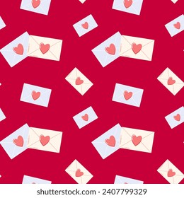 Seamless pattern of hand drawn love letters with heart seal on isolated background. Romantic design for Valentine’s day, mother’s day, wedding celebration, greeting card, paper crafts, home decor. 