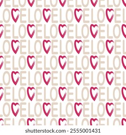 Seamless pattern of hand drawn love words and hearts on isolated background. Design for Valentine’s Day, wedding and mother’s day celebration, greeting card, home decor, wrapping paper, scrapbooking.